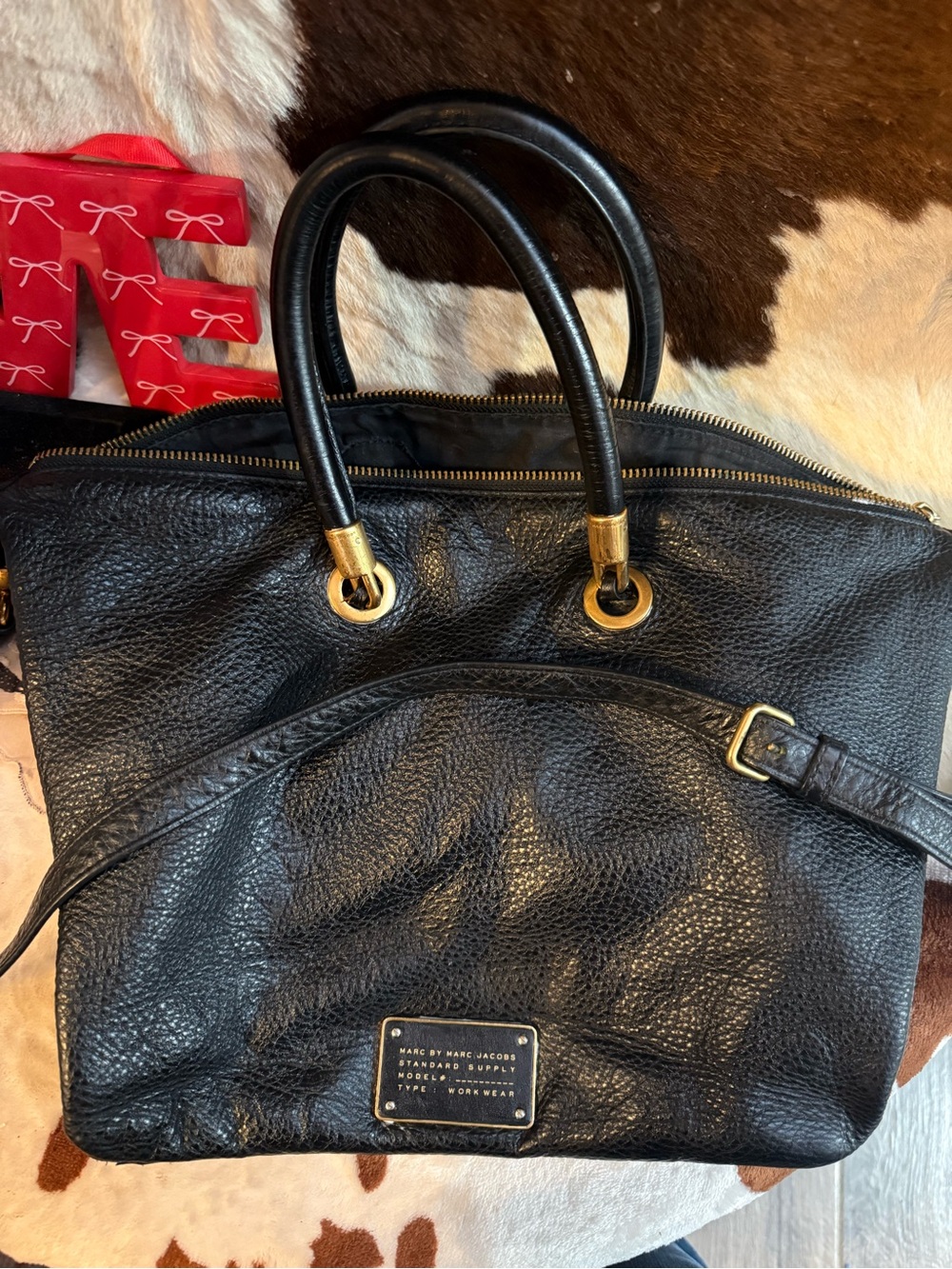 Marc by Marc Jacobs Black Pebbled Leather Satchel with Gold Hardware